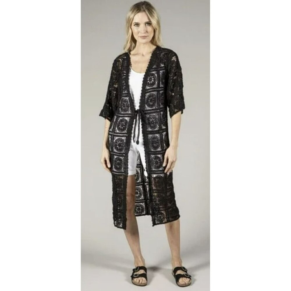 Raj Anthropologie Black Crochet Long Cardigan Kimono One Size NWT
